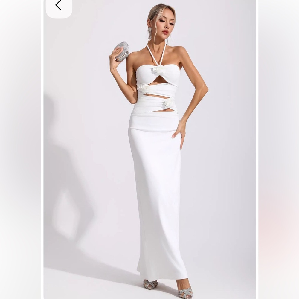 Floral cutout halter maxi dress white; bridal bachelorette